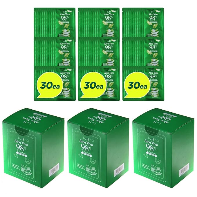 by.H Organic Aloe Vera Bulk Soothing Gel-Natural Moisturizer for Skin [90 PCS], Hair, Effective for Sunburns, Razor Burns, Gentle, Non-Greasy, Skincare [Made in Korea] Pouch - (3 Packs of 30 PCS)