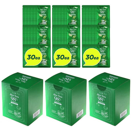 by.H Organic Aloe Vera Bulk Soothing Gel-Natural Moisturizer for Skin [90 PCS], Hair, Effective for Sunburns, Razor Burns, Gentle, Non-Greasy, Skincare [Made in Korea] Pouch - (3 Packs of 30 PCS)