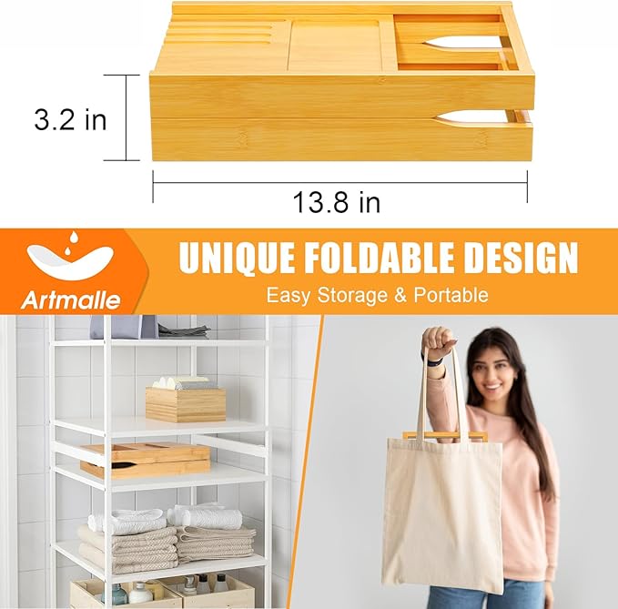 Artmalle Bathtub Caddy Tray for Tub, Expandable Bamboo Bath Table Tray with Book Stand for Home Spa Relaxing, Foldable Minimalist Bathroom Accessories for Women Men (Simple, Natural) (Natural)