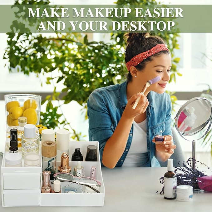 skin care organizer,Makeup Desk Organizer With Drawers,Countertop Organizer for Cosmetics,Vanity brush with Holder for Lipstick, Brushes, Eyeshadow, and Desktop (Large-White)