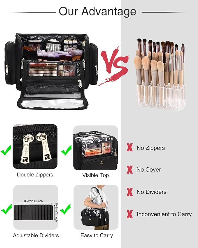 Makeup Brush Bag, Makeup Artist Must Haves, Professional Travel Makeup Brush Case, Extra Large Stand Up Make Up Brush Holder Makeup Organizer, Full Open With Compartments and Shoulder Strap