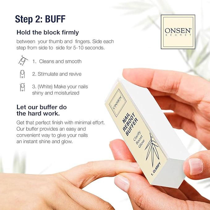 Onsen Secret Complete Nail Reboot Kit w/Nail Reboot Oil 10ml, Nail File 120/180 Grit Double Sided, A 3-Way Nail Buffer Block & Cuticle Serum-15ml w/Cuticle Oil in Action-Super Value Pack