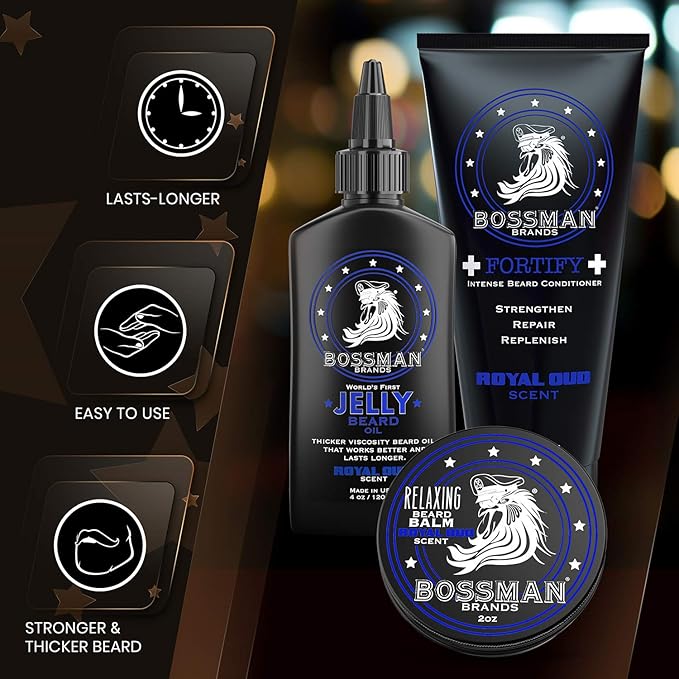 Bossman Essentials Beard Kit for Men – Beard Oil Jelly, Fortifying Conditioner Cream & Beard Balm – Grooming Care Accessories (Royal Oud Scent)