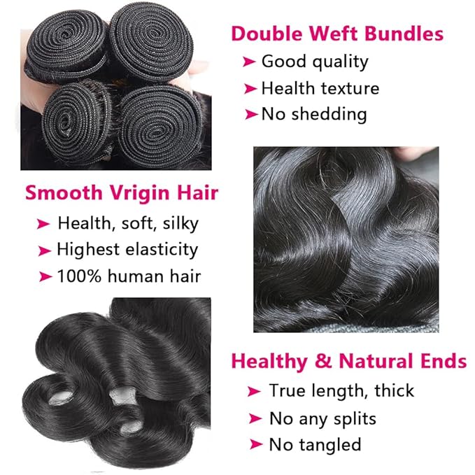 Body Wave Human Hair Bundles with Closure (24 26 28 30+22) 5x5 HD Closure with Bundles Human Hair 4 Weave 12A Brazilian 100% Unprocessed Virgin Weft Hair Free Part