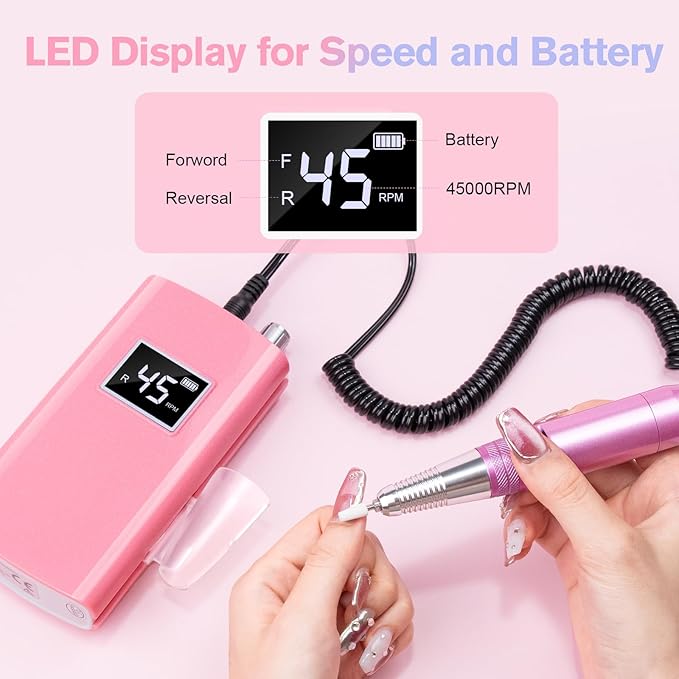 Beloving Portable Nail Drill Professional, 45000RPM Rechargeable Nail Drill Electric File Machine for Acrylic Gel Polish Remover, Cordless Nail Kit for Manicure Pedicure with 11 Bits for Salon Home