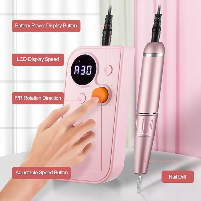 Professional Portable Nail Drill, 30000RPM Rechargeable Electric Nail File Machine Cordless E File Machine Set for Acrylic Nails for Remove Gel Polish Nail for Home & Salon Use,Pink
