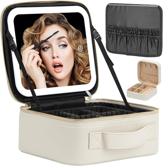 Makeup Travel Train Case with Mirror LED Light 3 Adjustable Brightness Cosmetic Bag Portable Storage Adjustable Partition Waterproof Makeup Brushes Makeup Jewelry Gift for Women (Light Gray)