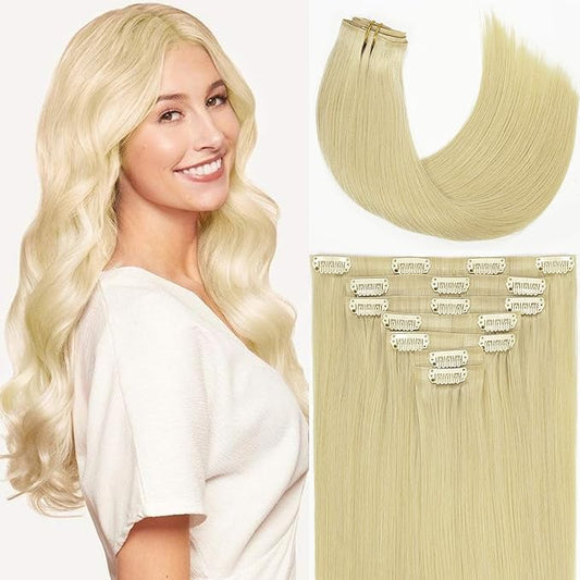 Loxxy Seamless Hair Extensions - 14Inch 110Gram 7Pcs Bleach Blonde #60 Highlights Clip in Human Hair Invisible PU Double Weft Natural Tape Clip in Human Hair For Women