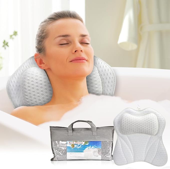 Bath Pillow for Tub, Bathtub Pillow for Head, Neck, Shoulder and Back Support, Ergonomic Luxury Bath Pillow for Bathtub, 6 Strong Suction Cups and Hook, Bathroom Accessories, White