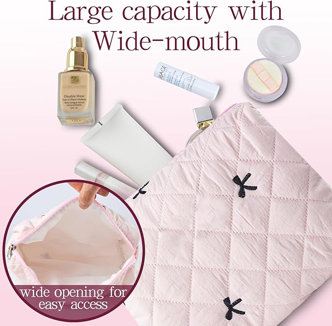 3Pcs Quilted Makeup Bag, Cute Floral Cotton Cosmetic Bag set, Coquette Bow Makeup Pouch Large Travel Toiletry Bag