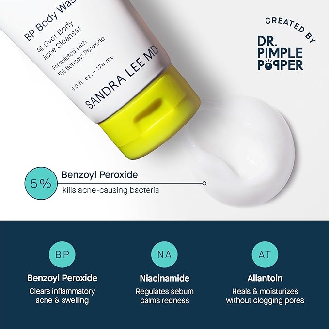 SLMD by Dr. Pimple Popper BP Body Wash – 5% Benzoyl Peroxide Exfoliating Cleanser for Clearer, Smoother-Looking Skin – 6 fl. oz Skincare