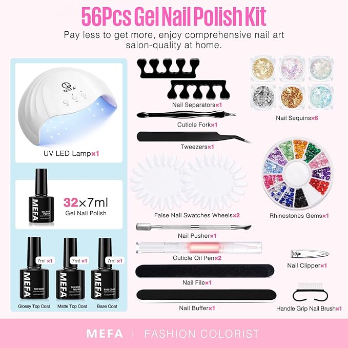 MEFA 32 Colors Gel Nail Polish Kit with U V Light, Spring Gel Nail Kit Pastel Pink Blue Glitter Gel Nail Polish Set Manicure Tool Nail Art Decorations Gift