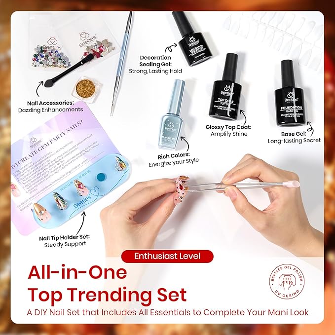 beetles Gel Polish Gem Party Gel Nail Polish with Base & Top Coat, Chrome Nail Powder, Winter PartyNails VintageNails Manicure Kit DIY Collection at home Salon Gifts Beetles X DIY Nail