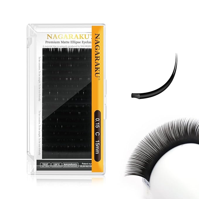 NAGARAKU Double Tips Ellipse Eyelash Extensions Lighter Thinner Flat Split Tips Individual Lash 0.15mm C curl 15mm Matte Black Faux Mink Classic False Lash Supplies 16 Rows
