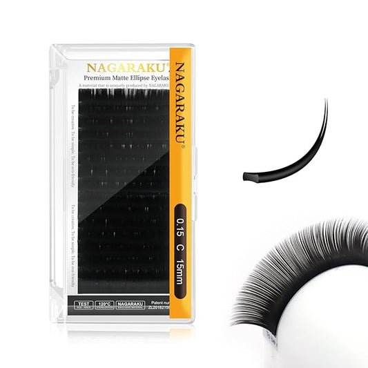 NAGARAKU Double Tips Ellipse Eyelash Extensions Lighter Thinner Flat Split Tips Individual Lash 0.15mm C curl 15mm Matte Black Faux Mink Classic False Lash Supplies 16 Rows