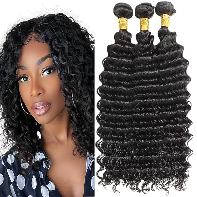 Color 1B Human Hair Bundles Deep Wave Bundles Natural Color Human Hair Loose Deep Water Wave Brazilian Weave Extensions Soft and Silky for Women 20 22 24 Inch