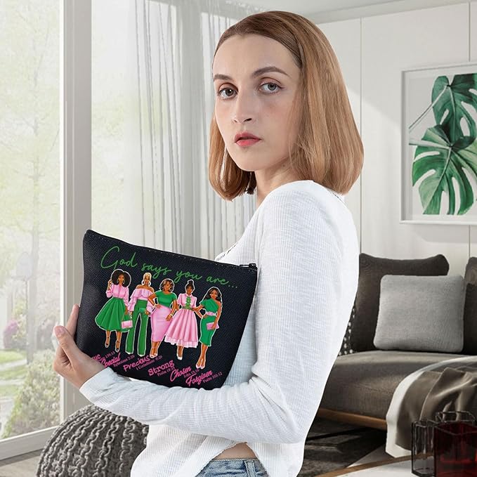 WZMPA Sorority Sisters Cosmetic Makeup Bag Pink and Green Gift God Says You Are Sorority Makeup Zipper Pouch Bag Greek Sorority Paraphernalia (God Says AK-BL)