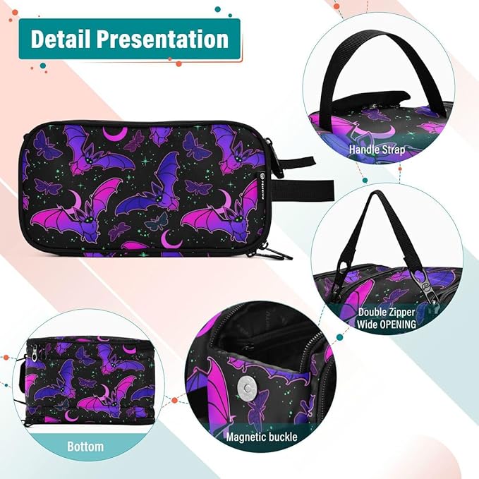 MNSRUU Travel Makeup Bag, Purple Bat Gothic Makeup Bag Large Capacity Cosmetic Bag Organizer, Portable Toiletry Bag for Travel Size