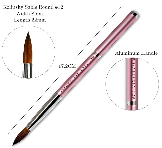 Beaute Galleria 2 Pieces Kolinsky Sable Round Acrylic Nail Art Brush Set, Manicure Detail Painting Nail Art Pen (Size 8, 12)