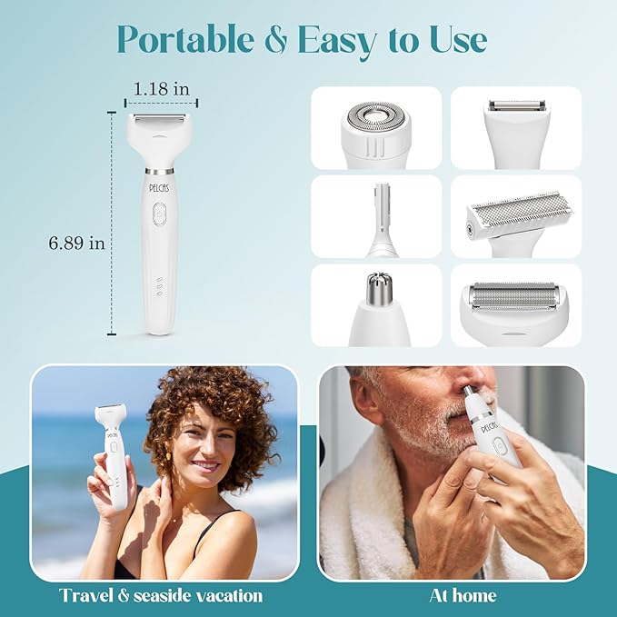 PELCAS Bikini Trimmer for Women Kit 6 in 1 Electric Shaver, Cordless Razors, Nose Hair Trimmer, Shaver for Women & Men Pubic Hair, Private Area, Legs, Face, Nose, Eyebrow, Body Hair Removal
