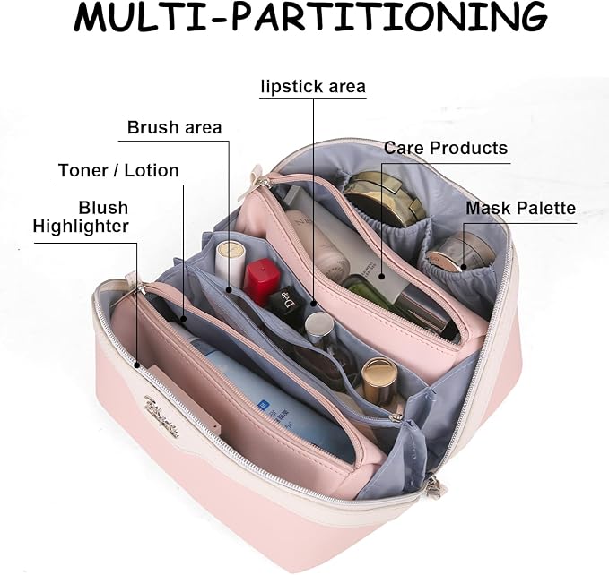 BOYATU Travel Makeup Bag Set: Portable Make up Bag for Traveling - Leather Cosmetic Bags for Women - Waterproof Toiletry Organizer Bags with Handle (D-04-Pink)