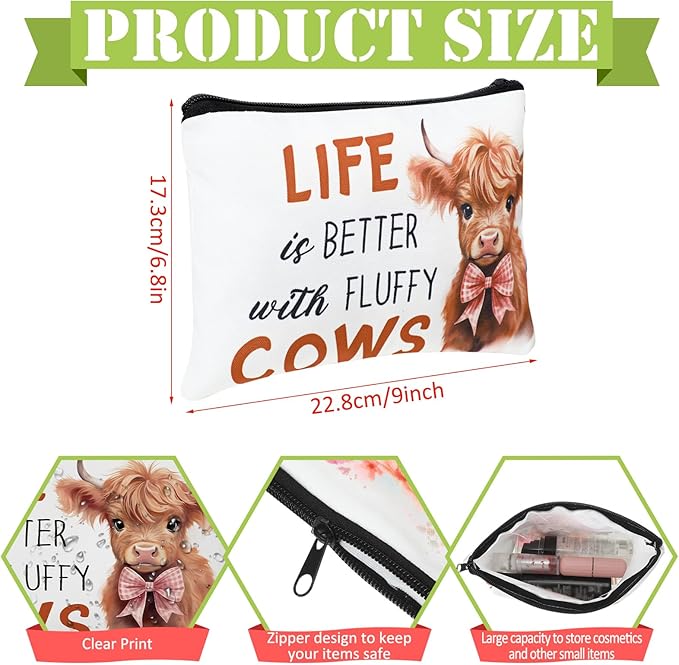 Pinkunn 16 Pcs Canvas Cosmetic Bag Bulk Inspirational Quotes Makeup Bags with Zipper Encouragement Travel Toiletry Pouch Appreciation Gift for Christmas Teacher Birthday Graduation(Highland Cow)