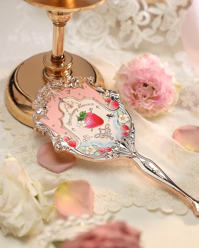 Flower Knows Strawberry Rococo Hand Mirror,Portable Vintage Handheld Mirror,Durable Metal Mirror,Cute & Aesthetic Princess Mirror,with Long Handle for Easy Holding,Gift for Girls(Soft Pink)