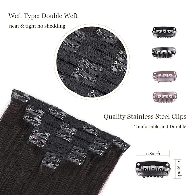 Clip In Hair Extensions Real Human Hair Double Weft Remy Hair 70g 7pcs Silky Straight 12 Inches Human Hair Clip In Extensions #1B Natural Black for Woman