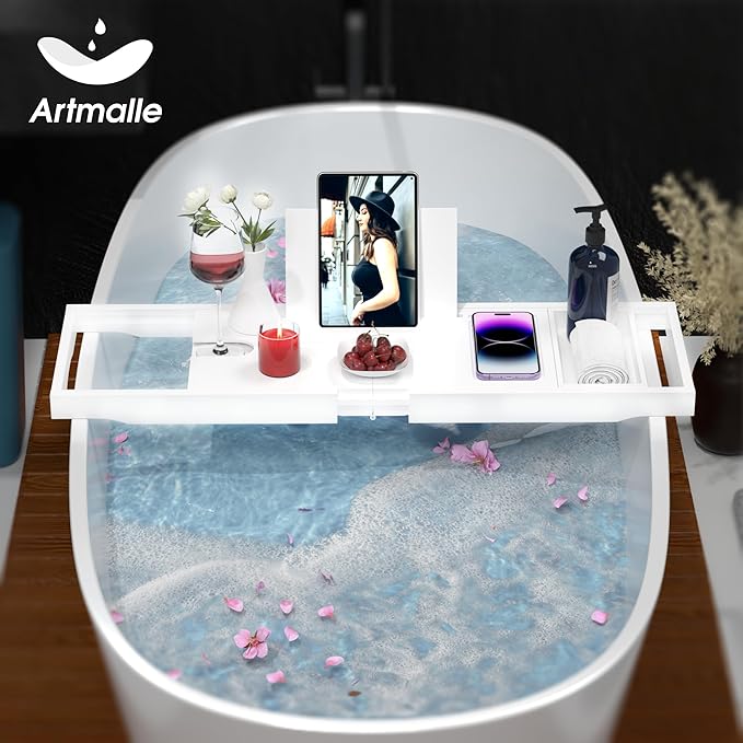 Artmalle Foldable Bathtub Caddy Tray for Tub, Bamboo Bathtub Tray Table with Book Holder for Home Spa Relax, Bathroom Accessories for Women Men with Free Soap Dish (Semi-Simple, White)