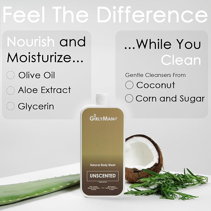 Natural Body Wash - Made with Olive Oil & Aloe Extract, No Artificial Fragrance, PH Balanced, Gentle Formula, Nourishing Ingredients, Family Owned (Unscented)