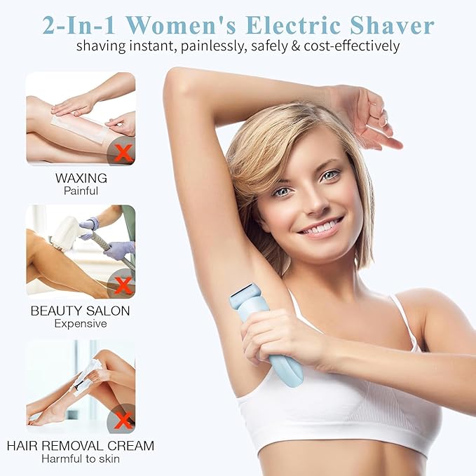 Electric Razors Shaver for Women, 2-in-1 Womens Electric Razor for Leg Arm Face, Cordless Bikini Trimmer Hair Removal for Women with Detachable Head, Painless,IPX7 Waterproof,Wet & Dry,Ocean Blue