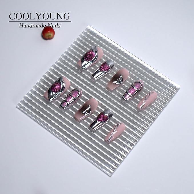 Hand Made Acrylic Press On Nails, Coffin Press On Nails, Pink Nails, Medium Length Press On Nails, Thick Press On Nails, Nailphoria Press Ons, Gifts for Women, COOLYOUNG Nails, 10 PCS, Size S