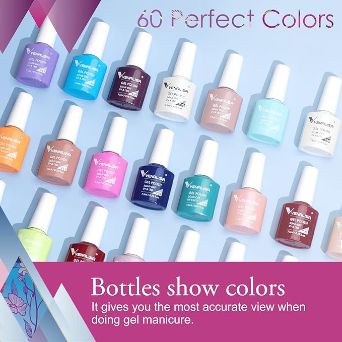 VENALISA VIP3 Set 65 PCS 7.5ML Spring Summer Gel Nail Polish Kit with Color Card,Base Matte Top Coat Gel Polish Set,UV LED Soak Off Manicure Starter,Suitable to DIY at Home Nail Art Salon