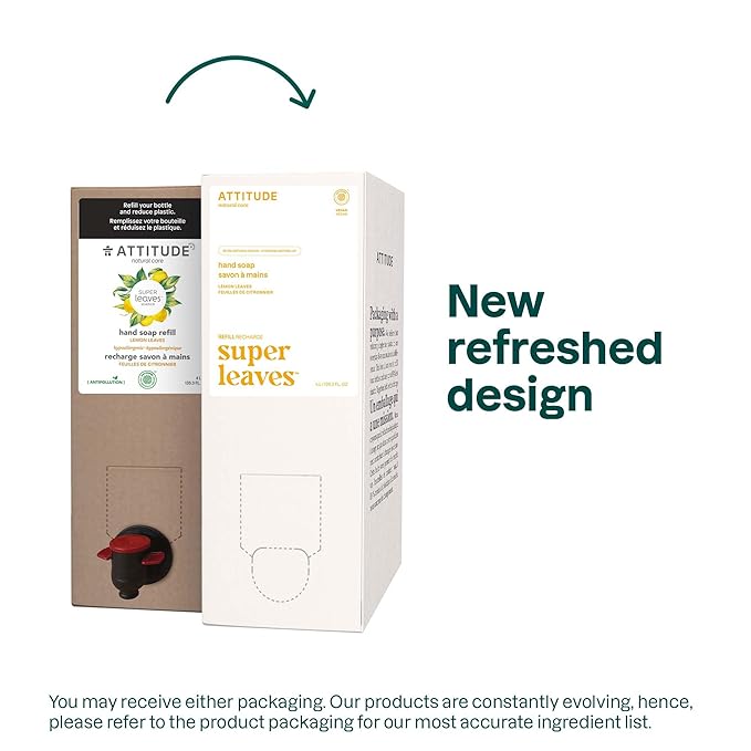 ATTITUDE Liquid Hand Soap, EWG Verified, Plant and Mineral-Based, Vegan Personal Care Products, Lemon Leaves, Bulk Refill Format, 135.26 Fl Oz