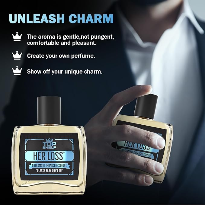 Top Shelf Her Loss Cologne for Men (Pheromone Enhanced) - 1.7 Fl Oz Long Lasting Herloss Perfume Para Hombre, Natural Herbal Scent - Awaken Raw Instinct, Her Loss Pheromone Cologne for Men Attract Her