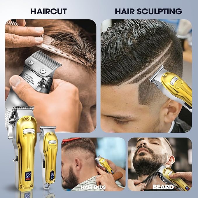 2 in 1 Hair Clipper for Men, Gold Clipper for Barber, Wired or Wireless Use, Clipper and Trimmers Set Professional, Zero Gap Beard Trimmer, with LED Display, 6500 RPM, Barber Kit