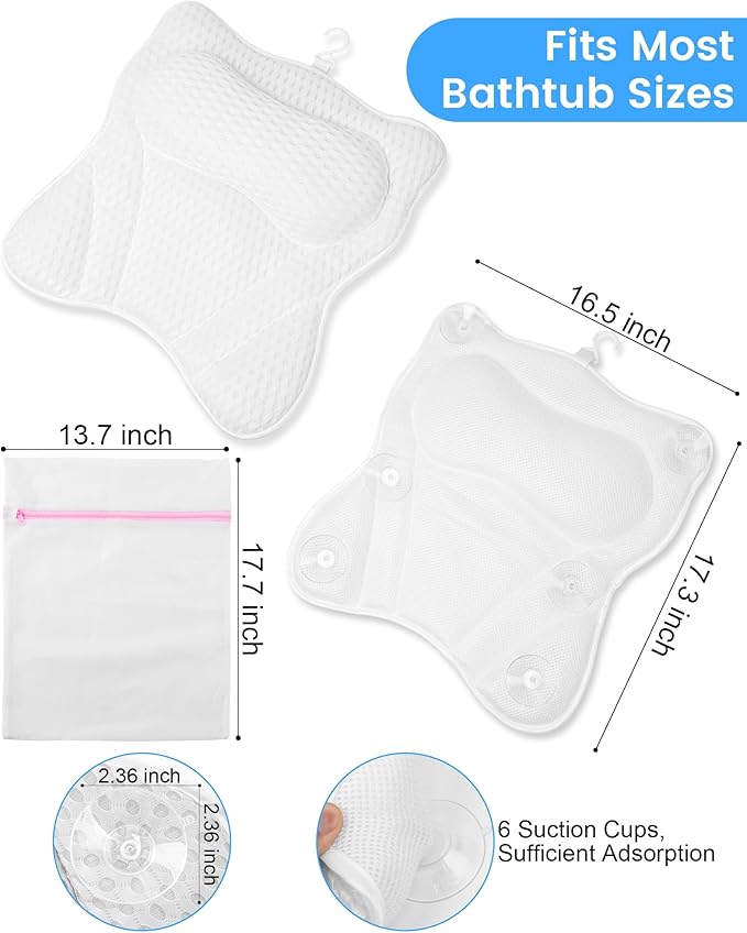 Bath Pillow, Bath Pillows for Tub Neck and Back Support, Soft 4D Air Mesh Bathtub Pillow 16.5 x 17.3 INCH, with 6 Powerful Suction Cups, Bath Accessories Relaxing Gifts for Women (White)