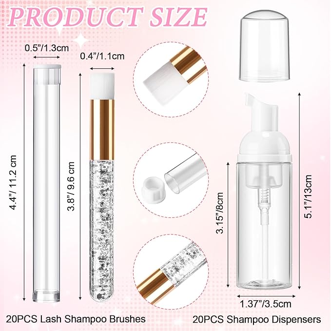 Zhehao 80 Pcs Lash Shampoo Bottle Brushes Kit 20 Foam Pump Dispensers 20 Lash Shampoo Brushes 20 Eyelash Aftercare Bag 20 Cleaning Pipes, Eyelash Extension Supplies(White, Sliver)