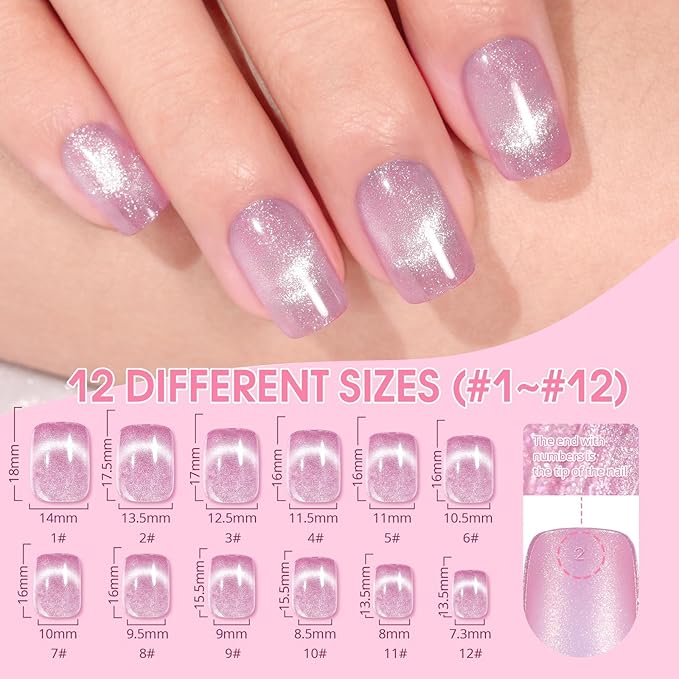 Cat Eye Press on Nails Short - 5 Styles | 120Pcs Fake Nails Square with Glitter Galaxy Chasing Light Cat Eye Designs, Artificial Acrylic Nails Gel Glue on Nails Stick on Nails for Women