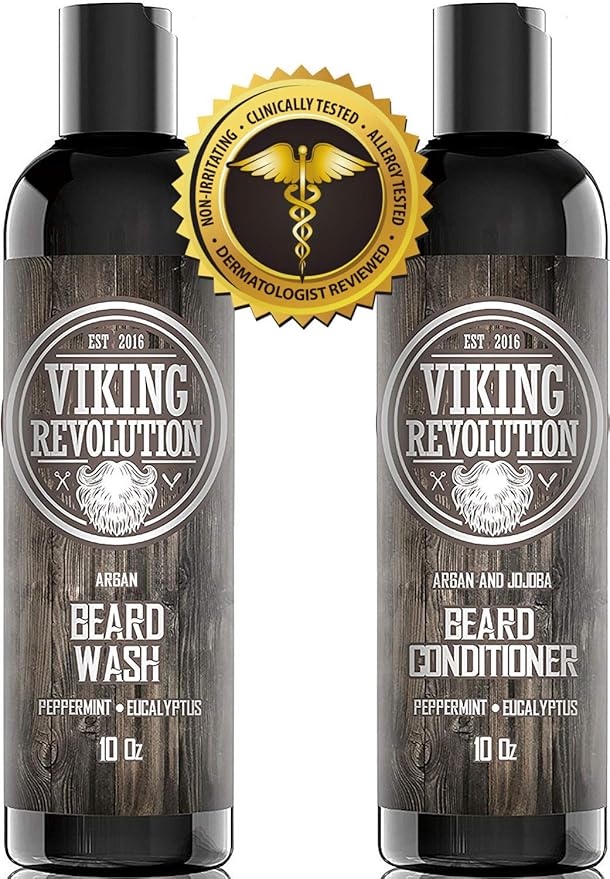 Viking Revolution Beard Shampoo and Conditioner Set - Top-tier Beard Care Kit with Argan & Jojoba Oils for Healthy Beard Growth, No Itching or Irritation, Rich Lather, Eucalyptus Scent (10 oz)
