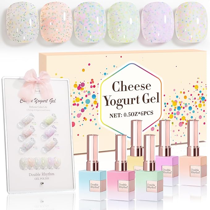 Double Rhythm 0.5 Oz Glitter Gel Polish Set of 6 Color with Display Borad 15 ml Full Size Kit Shimmer Reflective Sparkle Soak Off Manicure Salon DIY at Home (Orange Green Purple Colorful Dots-T6-41)