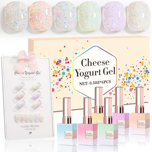 Double Rhythm 0.5 Oz Glitter Gel Polish Set of 6 Color with Display Borad 15 ml Full Size Kit Shimmer Reflective Sparkle Soak Off Manicure Salon DIY at Home (Orange Green Purple Colorful Dots-T6-41)
