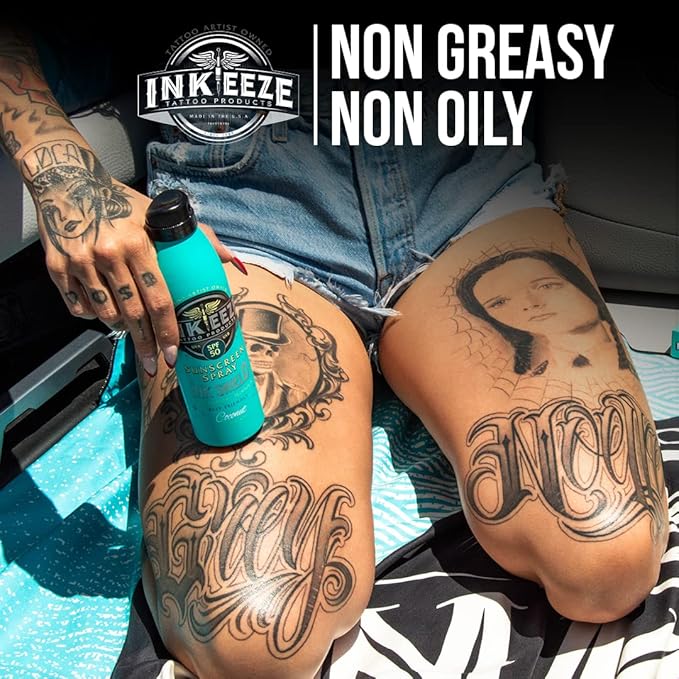 INK-EEZE Tattoo Sunscreen Spray SPF 50, UVA/UVB Blocking, Dries Clear, Ozone Reef Friendly, Vegan, Made in USA, Coconut, 6oz spray