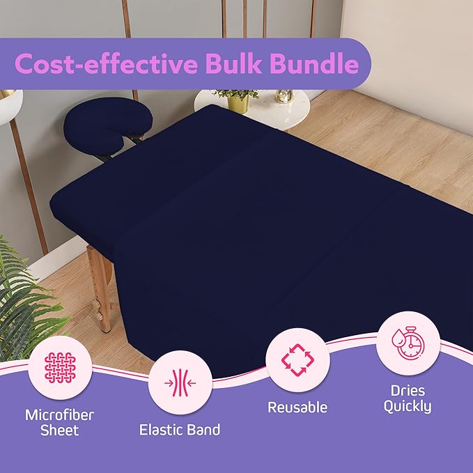 Massage Table Sheets Sets – 4 Set Bundle, 120GSM Double Brushed Microfiber, Premium Massage Sheets Sets, Spa Bed Sheets for Esthetician, Wrinkle & Oil Resistant, Dark Blue
