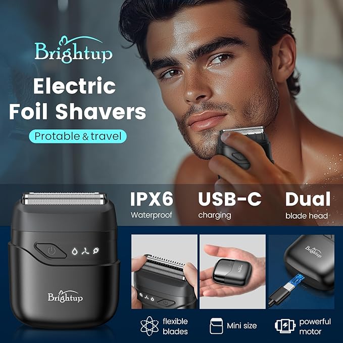 Brightup Electric Foil Shavers for Men, Mini Electric Razor for Shaving Face, Compact Travel Shaver with Floating Blades, Waterproof Wet/Dry Razor USB C Rechargeable