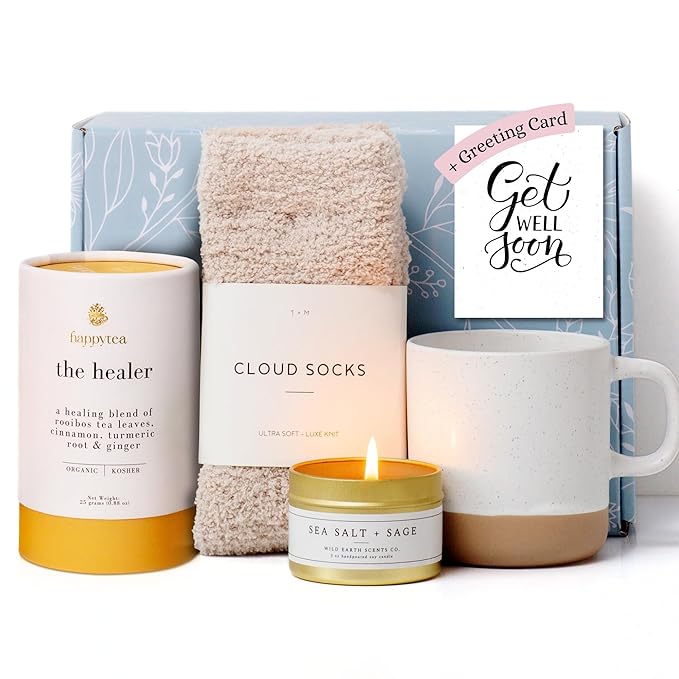Unboxme Comforting Care Package for Women - Organic Self-Care Get Well Soon Gift Basket with Fluffy Socks, Lemon Ginger Tea Set, Sea Salt, Scented Candle - Ideal Post-Surgery & Feel Better Basket