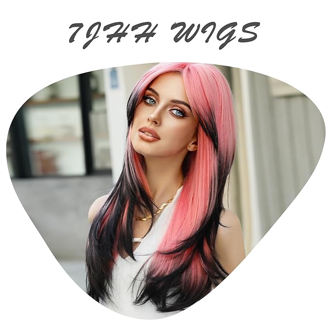 7JHH WIGS Long Wavy Wig Pink and Black Layered Wig with Curtain Bangs, Synthetic High Density Heat Resistant Hair Straight Wig ends dyed black for Daily Party 25 Inches