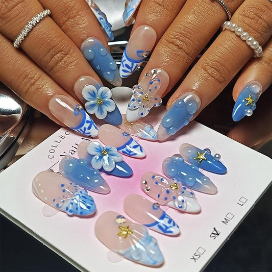 Handmade Acrylic Press On Nails Almond, 3D Press On Nails Medium, Ocean 3D Blue Nails French Tip Flower Bubble Preal For Women Gift, Reusable Stick On Fake Nails Kit With Nail Glue (Ocean Bloom-L)