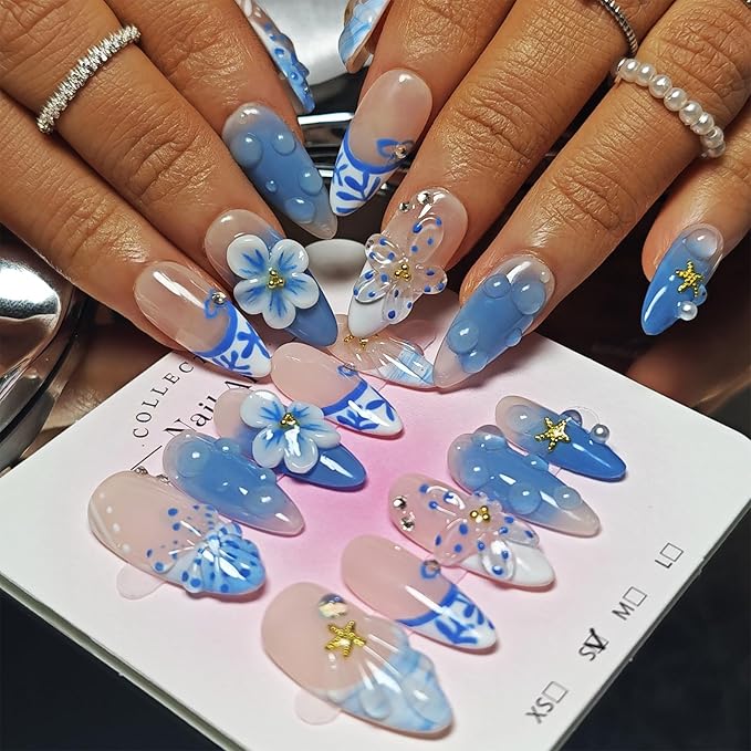 Handmade Acrylic Press On Nails Almond, 3D Press On Nails Medium, Ocean 3D Blue Nails French Tip Flower Bubble Preal For Women Gift, Reusable Stick On Fake Nails Kit With Nail Glue (Ocean Bloom-M)