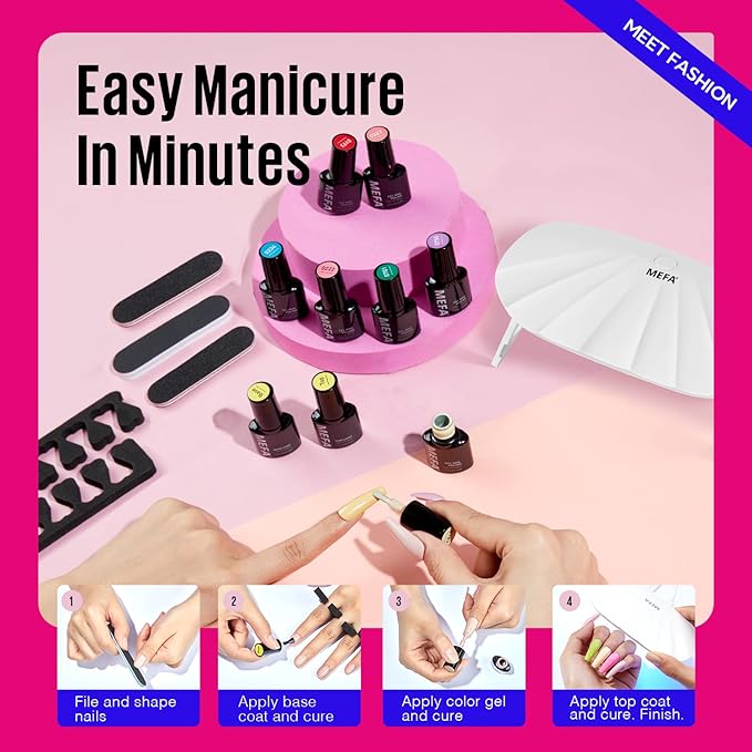 MEFA 19 Pcs Gel Nail Polish Kit with U V Light, 12 Colors All Seasons Nude Milky White Soak Off Gel Polish Nail Set with Base Top Coat Essential Manicure Beginners Salon Gifts for Women
